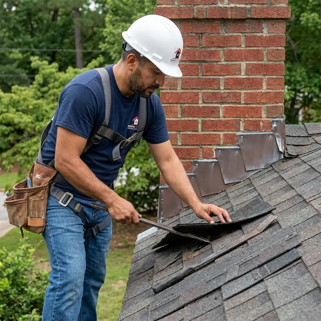 Roofer replacing a damaged shingle near a chimney