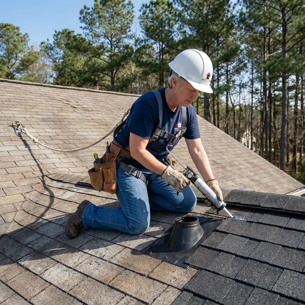 Roofer resealing a pipe boot while restoring a worn shingle roof