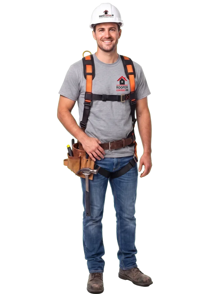 Roofer Conyers GA roofer in blue jeans, a grey company t-shirt, hard hat and safety harness