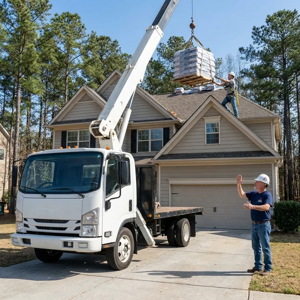 Delivery truck lifting bundles of shingles onto a roof in Conyers, GA
